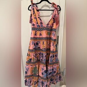 FARM Rio Pink Floral Tiered V-Neck Midi Dress